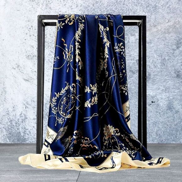 Scarf Headwraps for Women Silk Scarf Navy Satin Print 35 x 35 - Picture 3 of 12